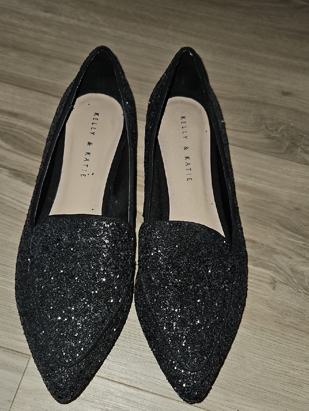 Kelly & Katie Black Glitter Pointed-Toe Slip-On Flats